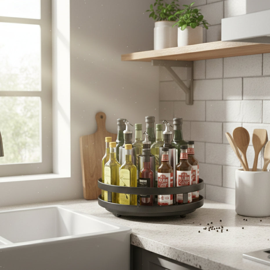 360° Rotating Height-Adjustable Round Metal Kitchen Spice Rack