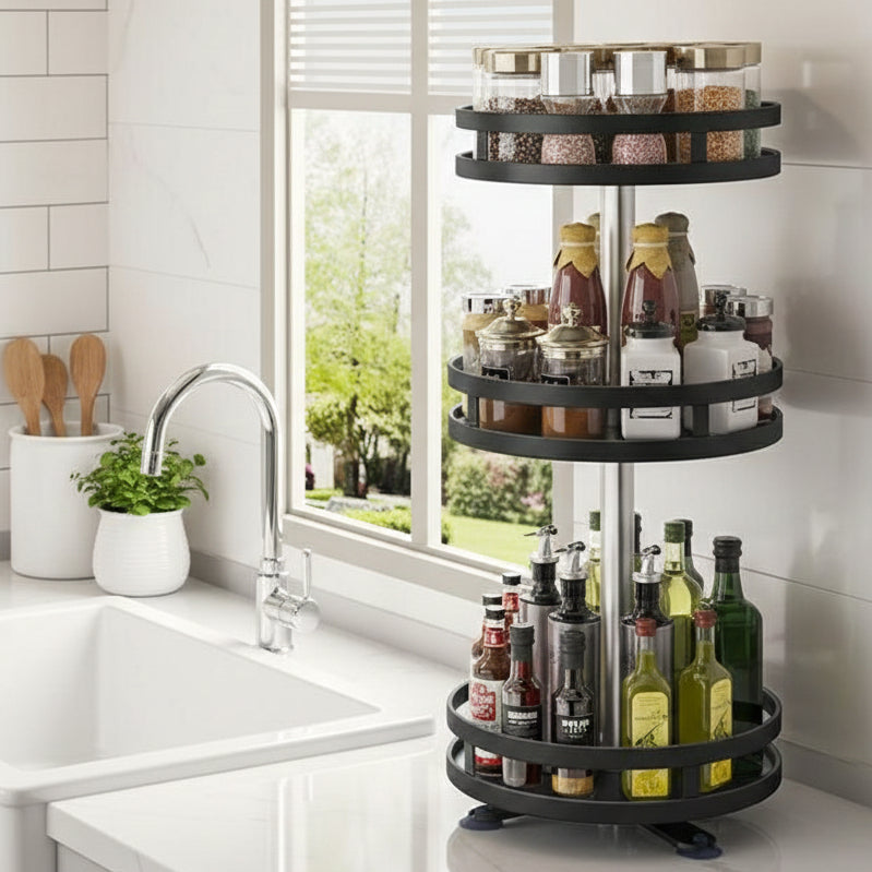 360° Rotating Height-Adjustable Round Metal Kitchen Spice Rack