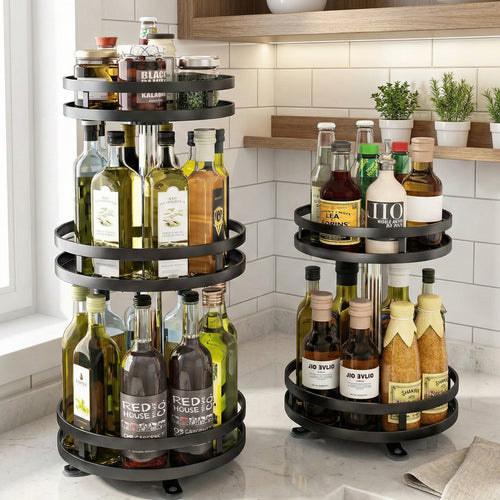 360° Rotating Height-Adjustable Round Metal Kitchen Spice Rack